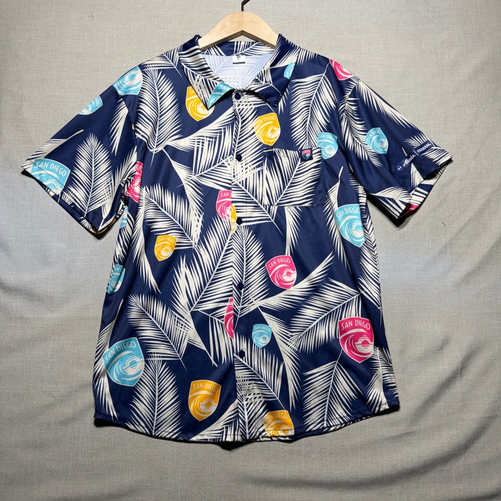 San Diego FC Wave Button Shirt Mens S/M Navy Palm SS Hawaiian Aloha Vacation